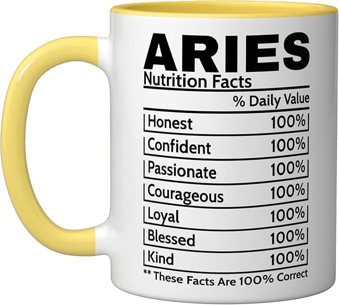 Aries Nutrition Facts Funny Coffee Mug Zodiac Sign Cup Ceramic Mug, Yellow/White - Aries Mug for men
