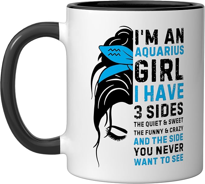Aquarius Girl Birthday Aquarius Zodiac Sign Messy Bun Funny Ceramic Mug, Black/White - Aquarius Mug for men