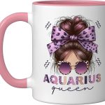 Aquarius Queen Aquarius Zodiac Sign Messy Bun Women Girls Ceramic Mug, Pink/White - Aquarius Mug for men