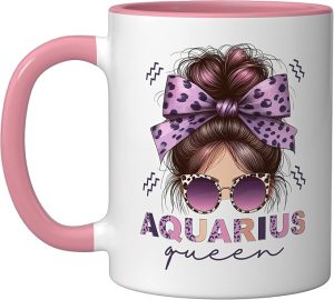 Aquarius Queen Aquarius Zodiac Sign Messy Bun Women Girls Ceramic Mug, Pink/White - Aquarius Mug for men