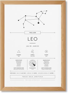 Framed Leo Zodiac Sign Canvas Print Art Minimalist Aesthetic Wall Art Astrology Pictures Elegant Painting for Living Room Home Decor Wall Decoration Bedroom (Wood Framed,12L x16W) - Leo Canvas for men