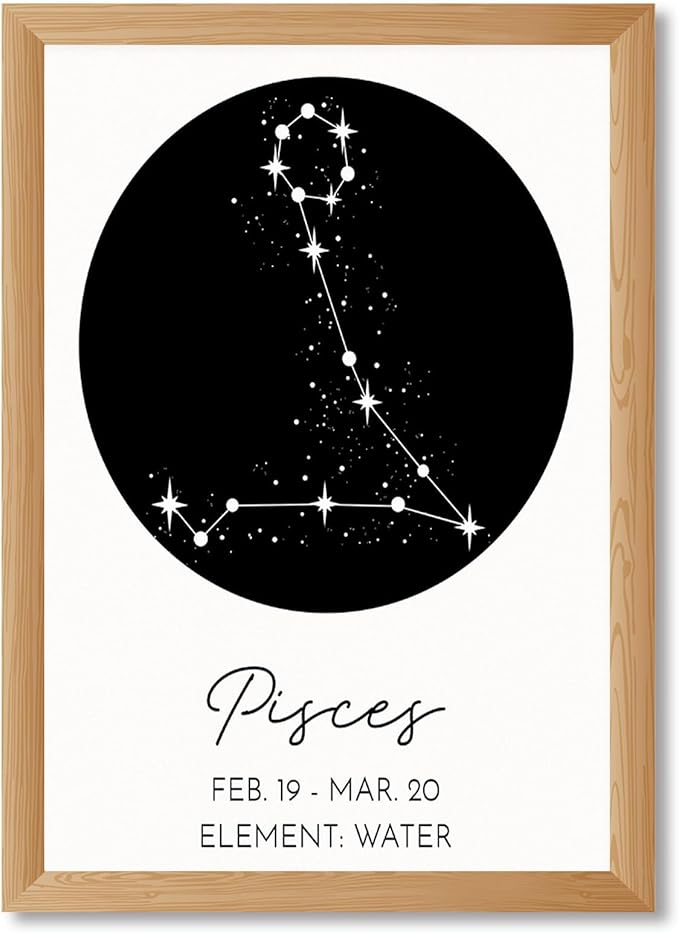 Framed Pisces Constellation Canvas Print Art Minimalist Aesthetic Wall Art Painting Trendy Zodiac Sign Poster Wall DecorationHome Decor for Bedroom Apartment (Wood Framed,12L x16W) - Pisces Canvas for men
