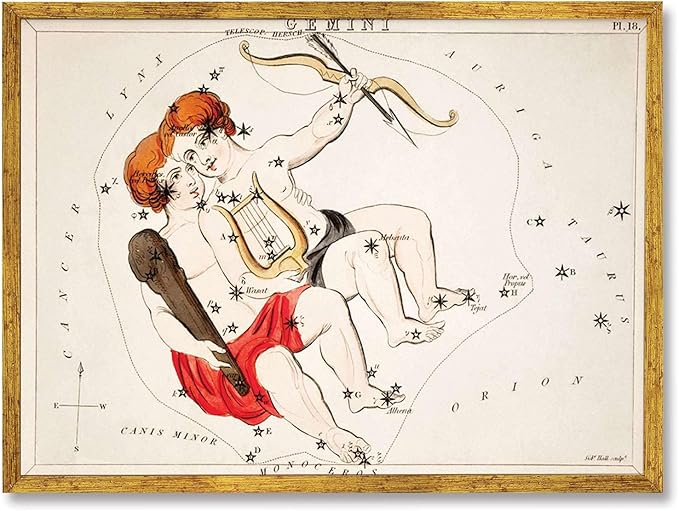 Framed Gemini Zodiac Sign Canvas Print ArtVintage Wall Art Painting PicturesHome DecorDecoration for Living Room Bedroom Wall DecorElegant Art Print (Gold Framed,12L x16W) - Gemini Canvas for men