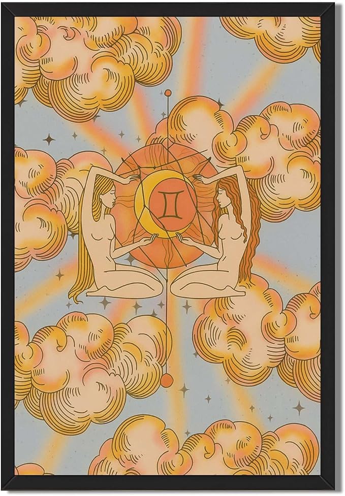 Framed Gemini Zodiac Sign Poster Canvas Print Art, Vintage Wall Art Painting, Boho Pictures, Trendy Home Decor, Art Print for Bedroom Decoration, Wall Decor Apartment (Black Framed,8L X12W) - Gemini Canvas for men