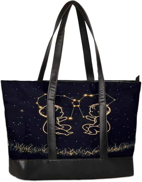 Zodic Sign Gemini Starry Sky Canvas Computer Bag for Women, 15.6 Inch Laptop Tote Bag with Leather Handle, Large Capacity Shoulder Work Bag for Office Business Travel School - Gemini Canvas for men