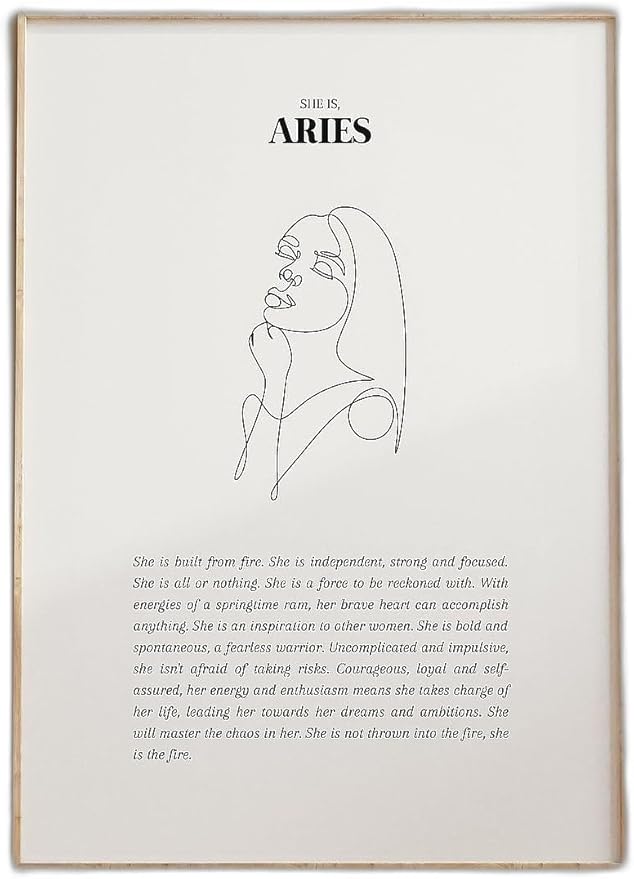 She is Aries print featuring a minimalist line drawing with a Gemini zodiac influence, a neutral star sign wall poster ideal for home decor and gift giving. - Aries Poster for men