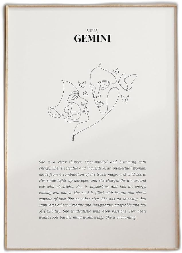 Gemini Zodiac Wall Art Print with Minimal Line Art She Is Gemini Boho Poster for Her Astrology Star Sign Decor for Living Room Bedroom Office - Gemini Canvas for men
