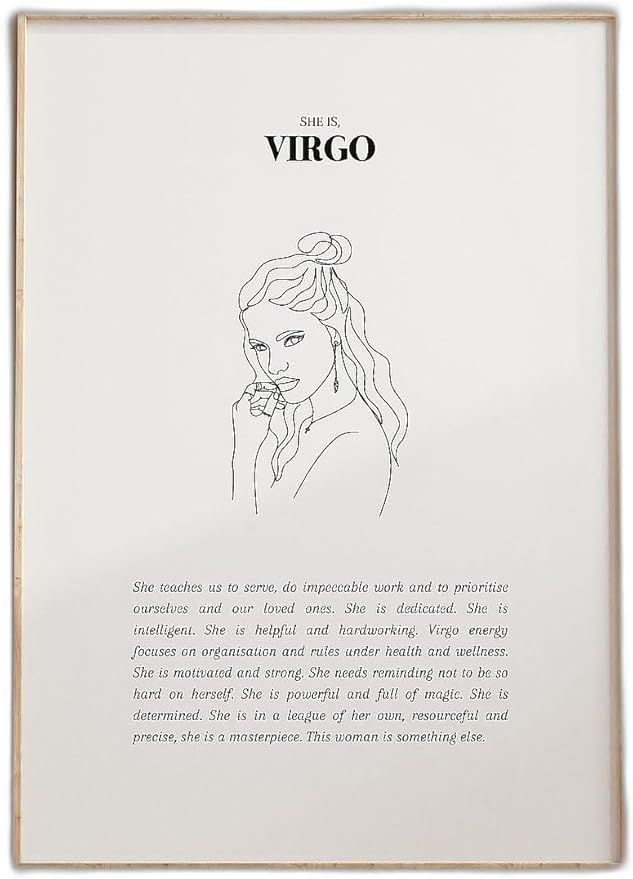 She Is Virgo print artwork for wall decor featuring a minimalist Virgo zodiac illustration, astrology star sign poster ideal gift for astrology lovers and horoscope enthusiasts - Virgo Poster for men