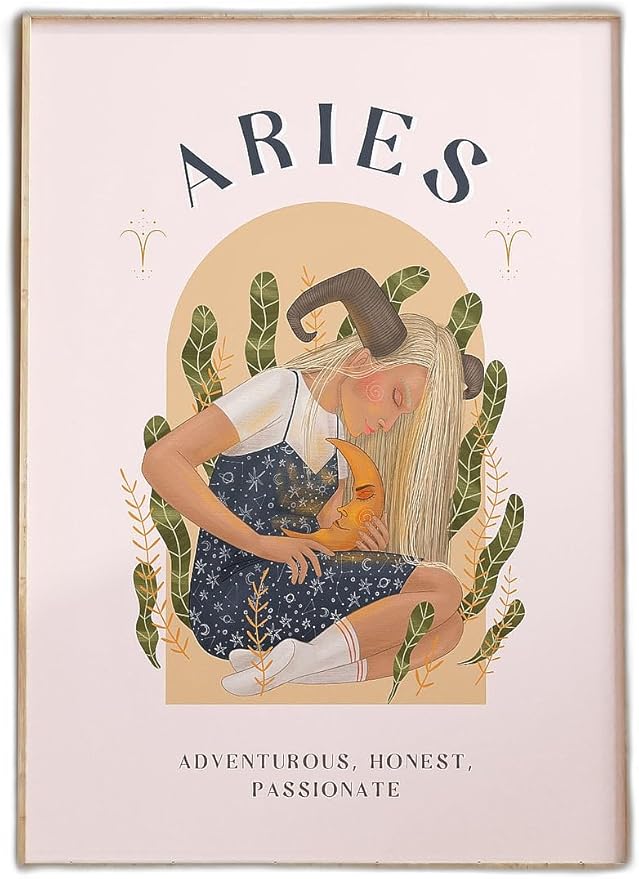 Aries zodiac print poster star sign wall art for her astrology gift featuring an Aries illustration with soft pink background for modern home decor suitable for bedroom living room office - Aries Poster for men