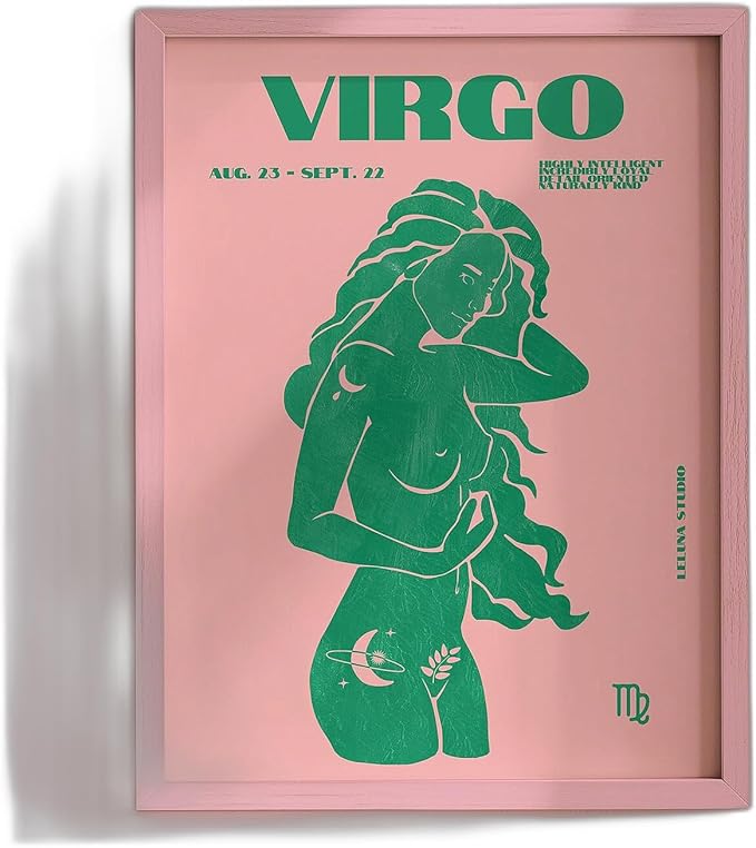 Pink and green Virgo wall art poster featuring a maximalist zodiac illustration, astrology decor, printable instant download for modern bedrooms and living spaces - Virgo Poster for men