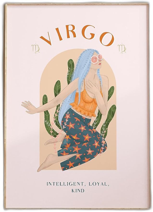 Virgo Zodiac Wall Art Print, Astrology Star Sign Poster for Home Decor, Virgo Gift Idea, Illustrated Horoscope Poster with Peach Background and Florals - Virgo Poster for men