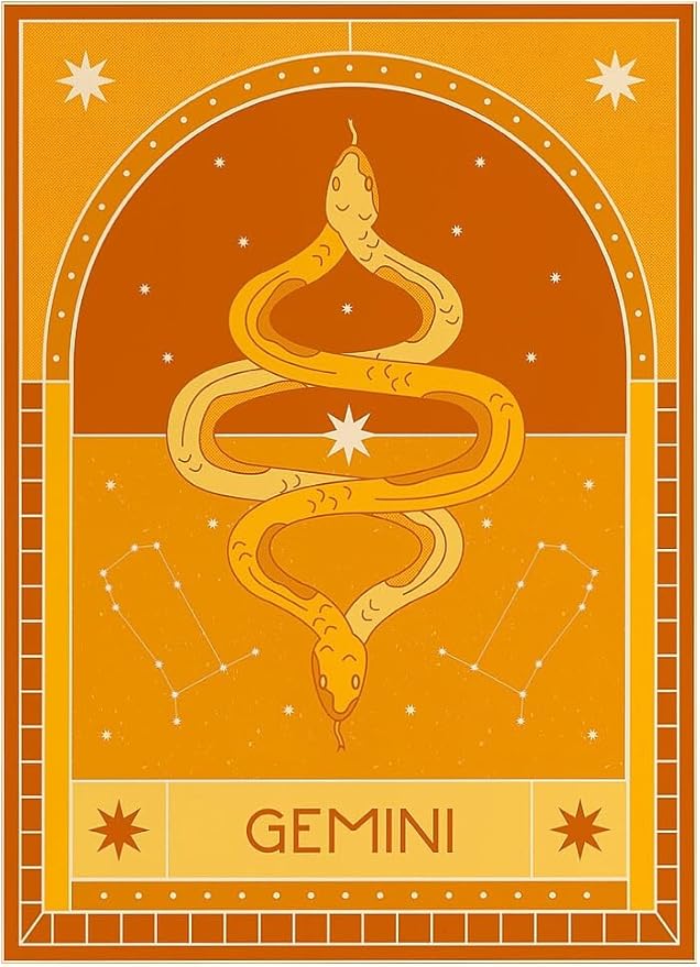 Gemini Zodiac Art Print - Celestial Star Sign Poster for Wall Decor, Astrology Themed Home or Office Artwork, Vintage Orange Gradient - Gemini Canvas for men