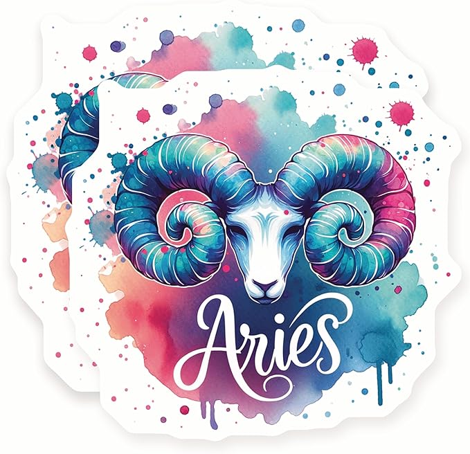 Aries Stickers - Zodiac Sign Decal - Watercolor Ram Art - 2 Pack - 5" Wide Design - Adheres to Laptops, Tumblers, and More – Made in The USA - AQS9178 - Aries Sticker for men