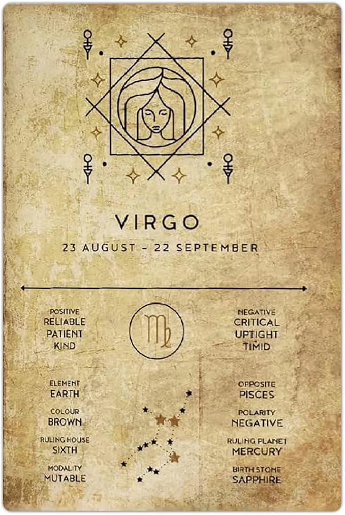 Virgo Retro Metal Tin Signs Virgo Overview Infographic Posters Zodiac Signs Print Plaque Decoration Home Club Bedroom Wall Art Decor Gift For Women Men 8x12 Inch - Virgo Poster for men