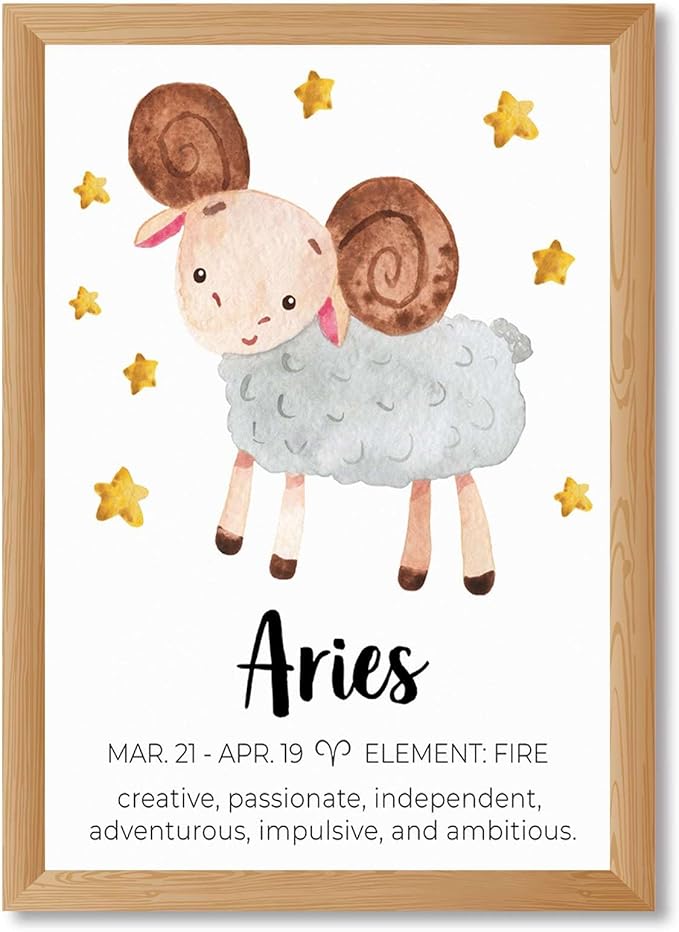 Framed Aries Zodiac Sign Poster Canvas Print Art Cute Painting Wall Decor Pictures Wall Art Whimsical Art Print Home Decor Wall DecorationFor Dorm Room Apartment (Wood Framed,12L x16W) - Aries Poster for men