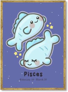 Framed Cute Pisces Zodiac Sign Canvas Print Art Wall Art Painting Pictures Whimsical Wall Decor for Bedroom Bathroom Decoration Trendy Art Print Home Decor for Apartment Office (Gold Framed,12L x16W) - Pisces Canvas for men