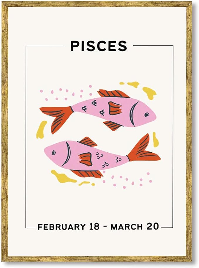 Framed Pisces Zodiac Sign Canvas Print Art Cute Poster Modern Painting Pictures Wall Decor Wall Decoration Art Print for Living Room Bedroom Apartment Home Decor (Gold Framed,12L x16W) - Pisces Canvas for men