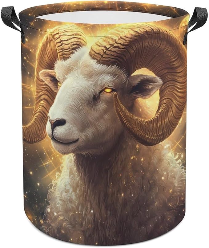 Zodiac Sign Aries Golden Waterproof Laundry Basket Hamper, 40L/65L Clothes Hampers with Handles in Laundry Room - Aries Blanket for men