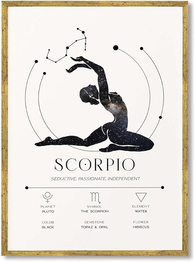 Framed Scorpio Zodiac Sign Canvas Print Art Minimalist Aesthetic Wall Art Painting Pictures Elegant Art Print for Bedroom Home Decor Wall Decoration Office (Gold Framed,12L x16W) - Scorpio Canvas for men