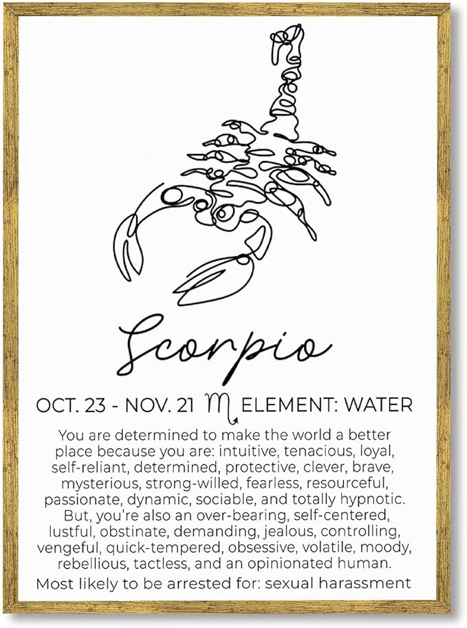 Framed Scorpio Zodiac Sign Canvas Print Art Minimalist Aesthetic Wall Art Painting Pictures Trendy Wall Decor Elegant Home Decor for Bedroom Dorm Room Apartment Decoration (Gold Framed,12L x16W) - Scorpio Canvas for men