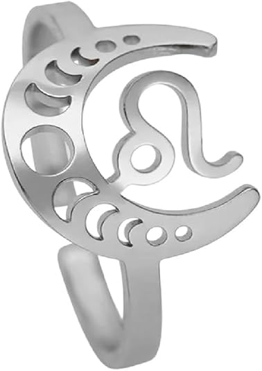 New 2026 Constellation Crescent Moon Rings Women Men Aries Leo Stainless Steel 12 Zodiac Sign Adjustable Ring Fashion Jewelry Luxury Accessories Creative Gift - Aries Ring for men