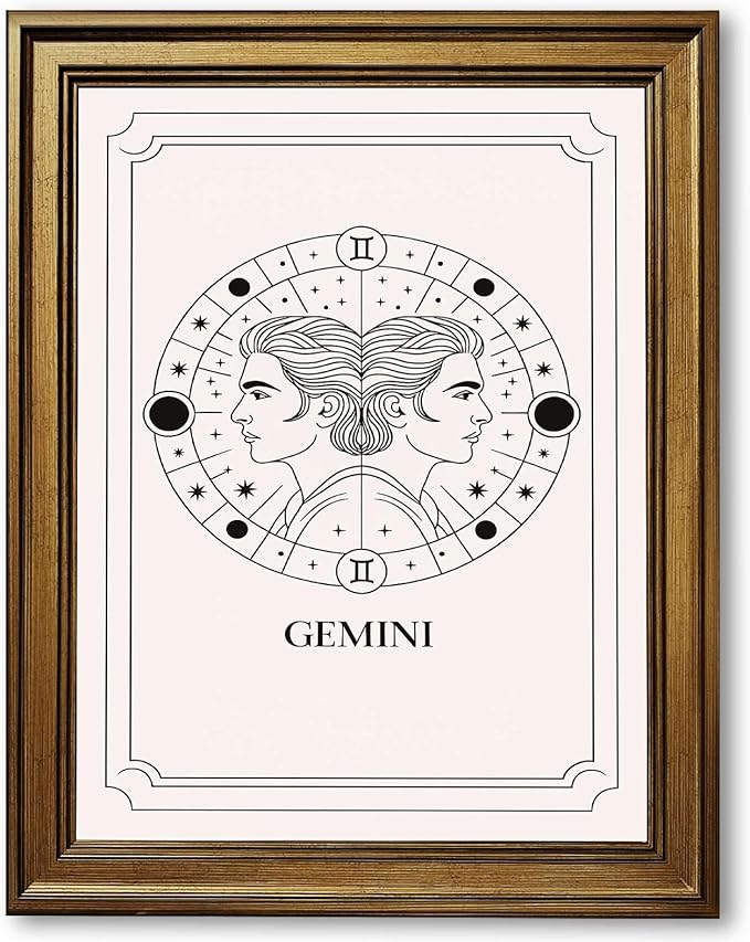 Framed Gemini Zodiac Sign Canvas Print Art, Minimalist Aesthetic Pictures, Wall Art, Painting, Wall Decor, Art Print, Cute Home Decor, Wall Decoration for Living Room Office (Gold Framed,12L X16W) - Gemini Canvas for men