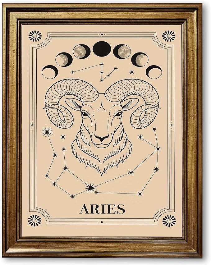 Framed Aries Zodiac Sign Poster Canvas Print Art, Boho Wall Art, Painting, Pictures, Wall Decor, Elegant Art Print for Living Room Home Decor, Dorm Room Decoration. (Gold Framed,16L X24W) - Aries Poster for men