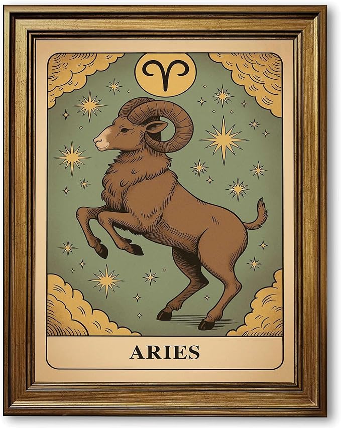Framed Aries Zodiac Sign Canvas Print Art, Vintage Astrology Wall Art, Pictures, Painting, Wall Decor, Art Print, Trendy Decoration for Dorm Room, Living Room, and Home Decor (Gold Framed,12L X16W) - Aries Canvas for men