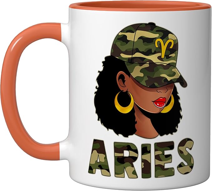 Aries Queen Camouflage Black Woman Cap Zodiac Sign Ceramic Mug, Orange/White - Aries Mug for men