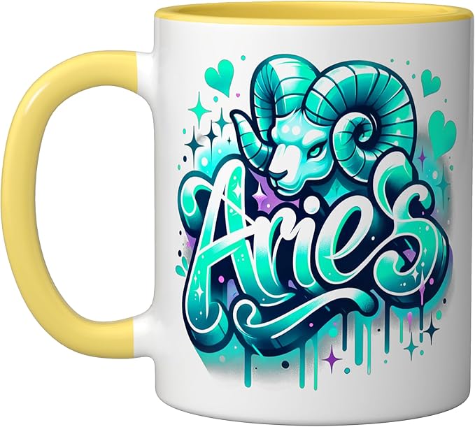 Aries Zodiac Sign x Ram Ceramic Mug, Yellow/White - Aries Mug for men