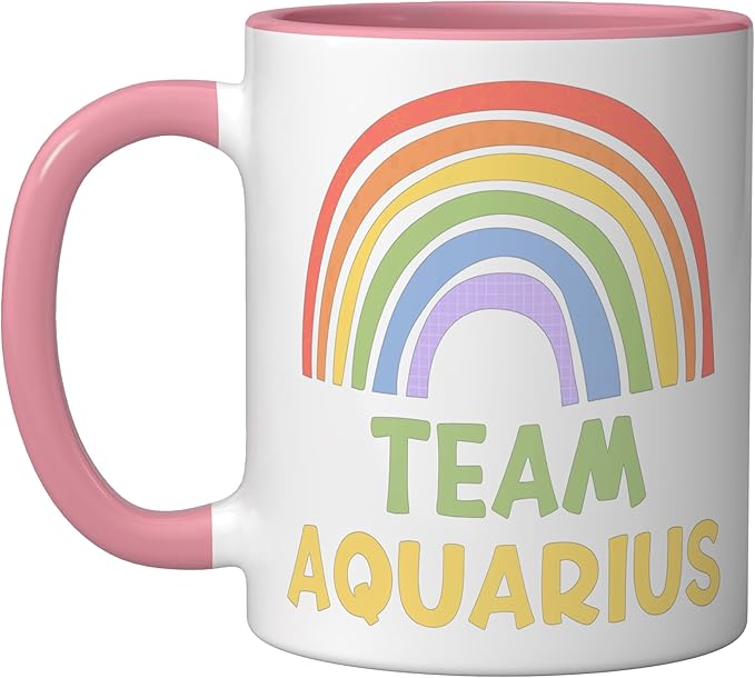 Happy Colorful Team Aquarius Rainbow Pride Astrological Sign Ceramic Mug, Pink/White - Aquarius Mug for men
