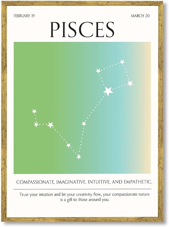 Framed Pisces Zodiac Sign Poster Canvas Print Art Modern Wall Art Painting Pictures Cute Trendy Art Print Wall Decoration for Living Room Dorm Room Home Decor (Gold Framed,12L x16W) - Pisces Canvas for men