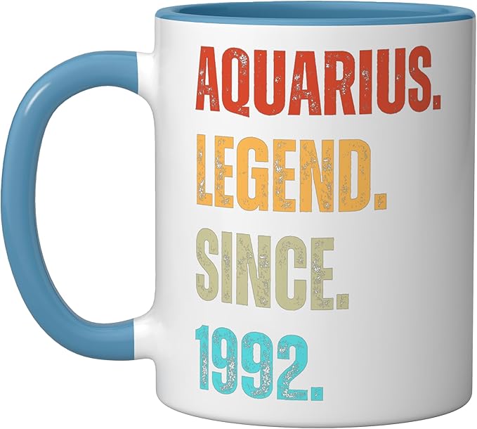 Aquarius Legend Since 1992 Retro Zodiac Sign Birthday Ceramic Mug, Blue/White - Aquarius Mug for men