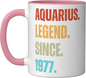 Aquarius Legend Since 1977 Retro Zodiac Sign Birthday Ceramic Mug, Pink/White - Aquarius Mug for men