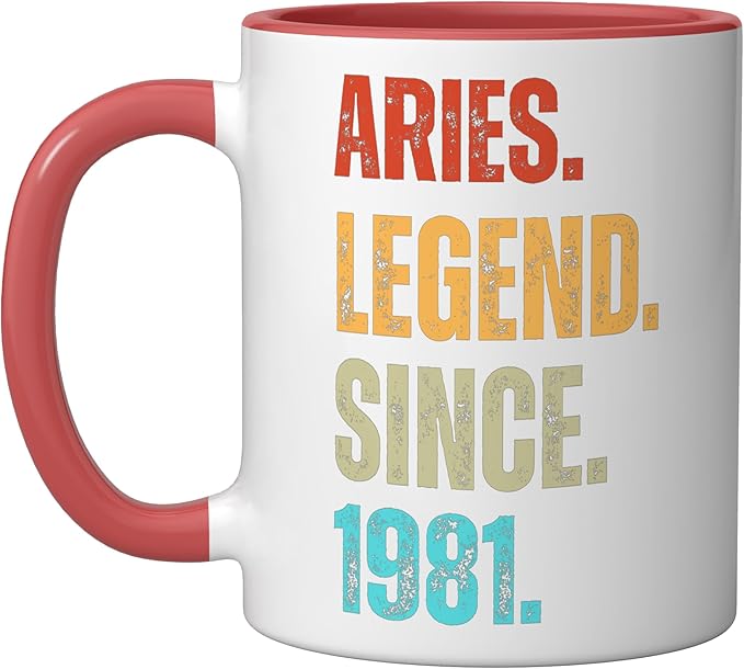Aries Legend Since 1981 Retro Zodiac Sign Birthday Ceramic Mug, Red/White - Aries Mug for men