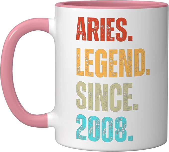 Aries Legend Since 2008 Retro Zodiac Sign Birthday Ceramic Mug, Pink/White - Aries Mug for men