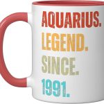 Aquarius Legend Since 1991 Retro Zodiac Sign Birthday Ceramic Mug, Red/White - Aquarius Mug for men