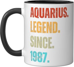 Aquarius Legend Since 1987 Retro Zodiac Sign Birthday Ceramic Mug, Black/White - Aquarius Mug for men