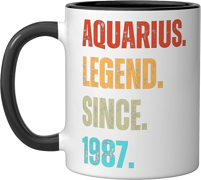 Aquarius Legend Since 1987 Retro Zodiac Sign Birthday Ceramic Mug, Black/White - Aquarius Mug for men