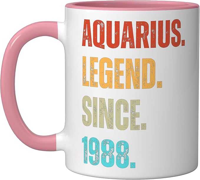 Aquarius Legend Since 1988 Retro Zodiac Sign Birthday Ceramic Mug, Pink/White - Aquarius Mug for men