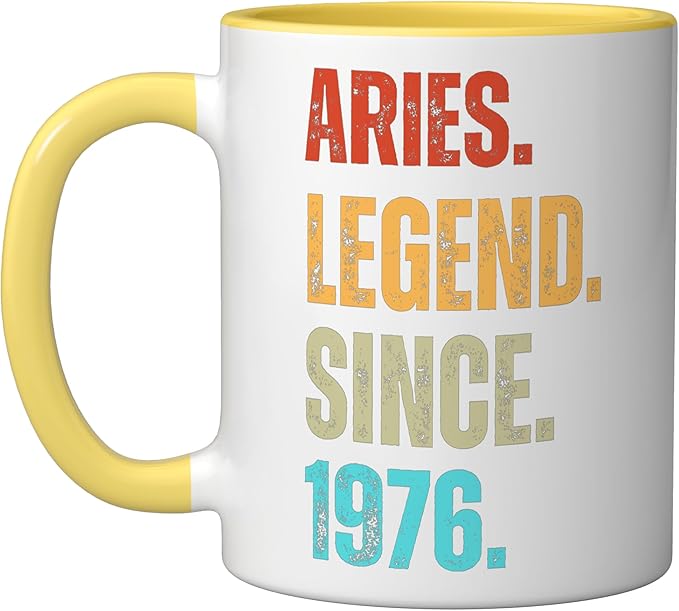 Aries Legend Since 1976 Retro Zodiac Sign Birthday Ceramic Mug, Yellow/White - Aries Mug for men