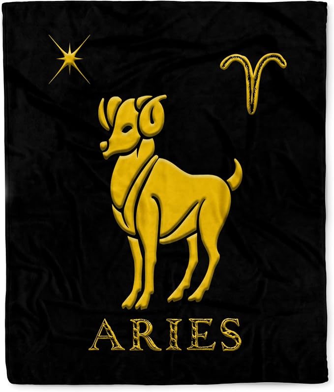 3dRose Aries Zodiac Sign. Image of a ram, Star and a Symbol. Yellow on Black Silktouch Minky Blanket - Aries Blanket for men