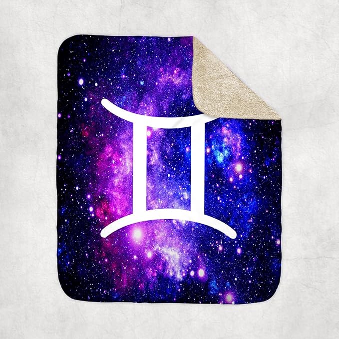 3dRose Gemini Star Sign on Purple Space Background Zodiac Horoscope Symbol Sherpa Lined Blanket - Gemini Blanket for men