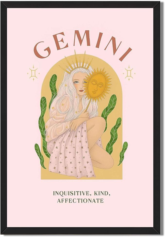 Framed Gemini Zodiac Sign Woman Canvas Print Art, Boho Wall Art, Trendy Painting Pictures, Exquisite Wall Decoration, Art Print for Living Room, Bedroom Home Decor (Black Framed,24L X36W) - Gemini Canvas for men
