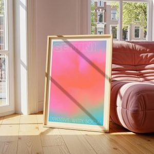 Gemini Zodiac Sign Wall Art with Gradient Aura in retro pastel style, expressive astrology print for living room or bedroom decor, a thoughtful spiritual gift - Gemini Canvas for men
